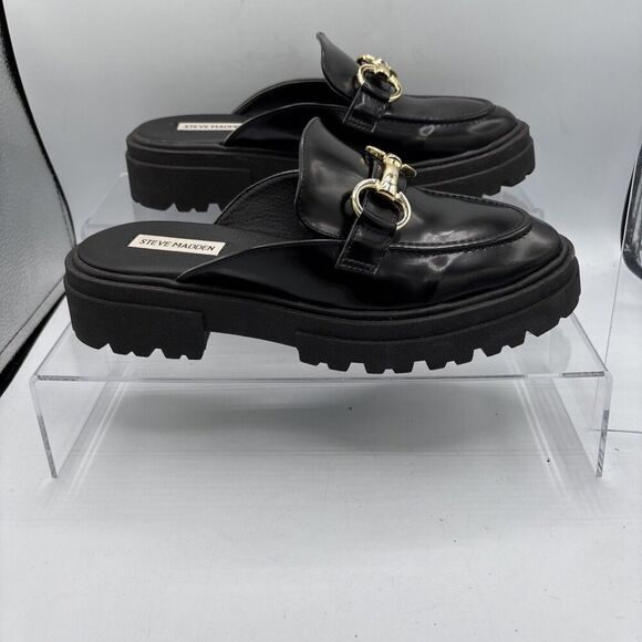 STEVE MADDEN Missk Black Patent Leather Mules Size 7.5 Chunky Loafer Y2k Retro - Picture 2 of 12